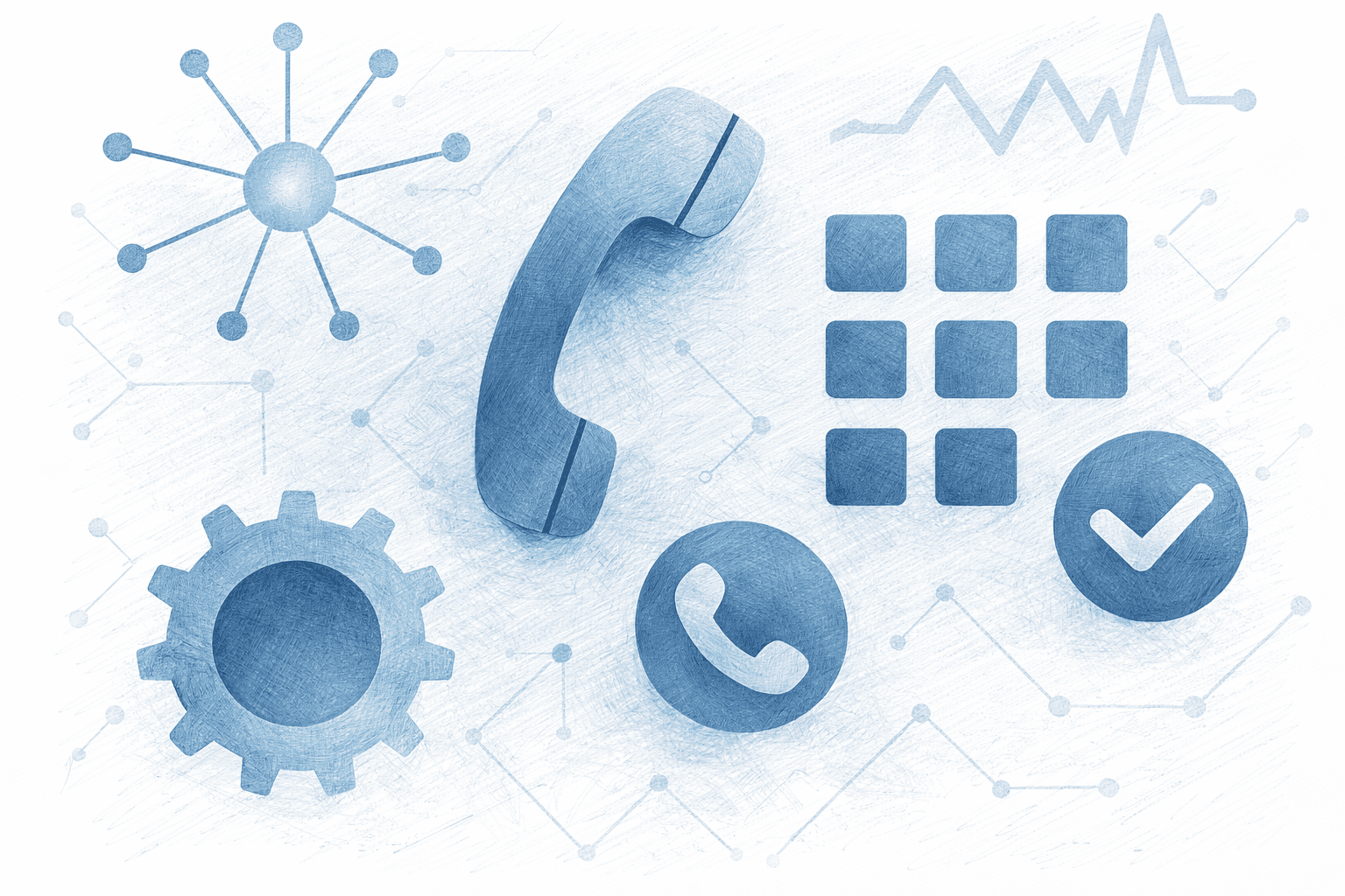 Phone, dial pad, and gears on a futuristic blue background