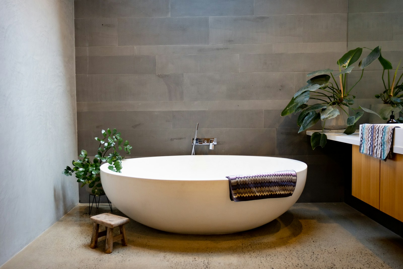 Modern coastal bathroom with a freestanding bath