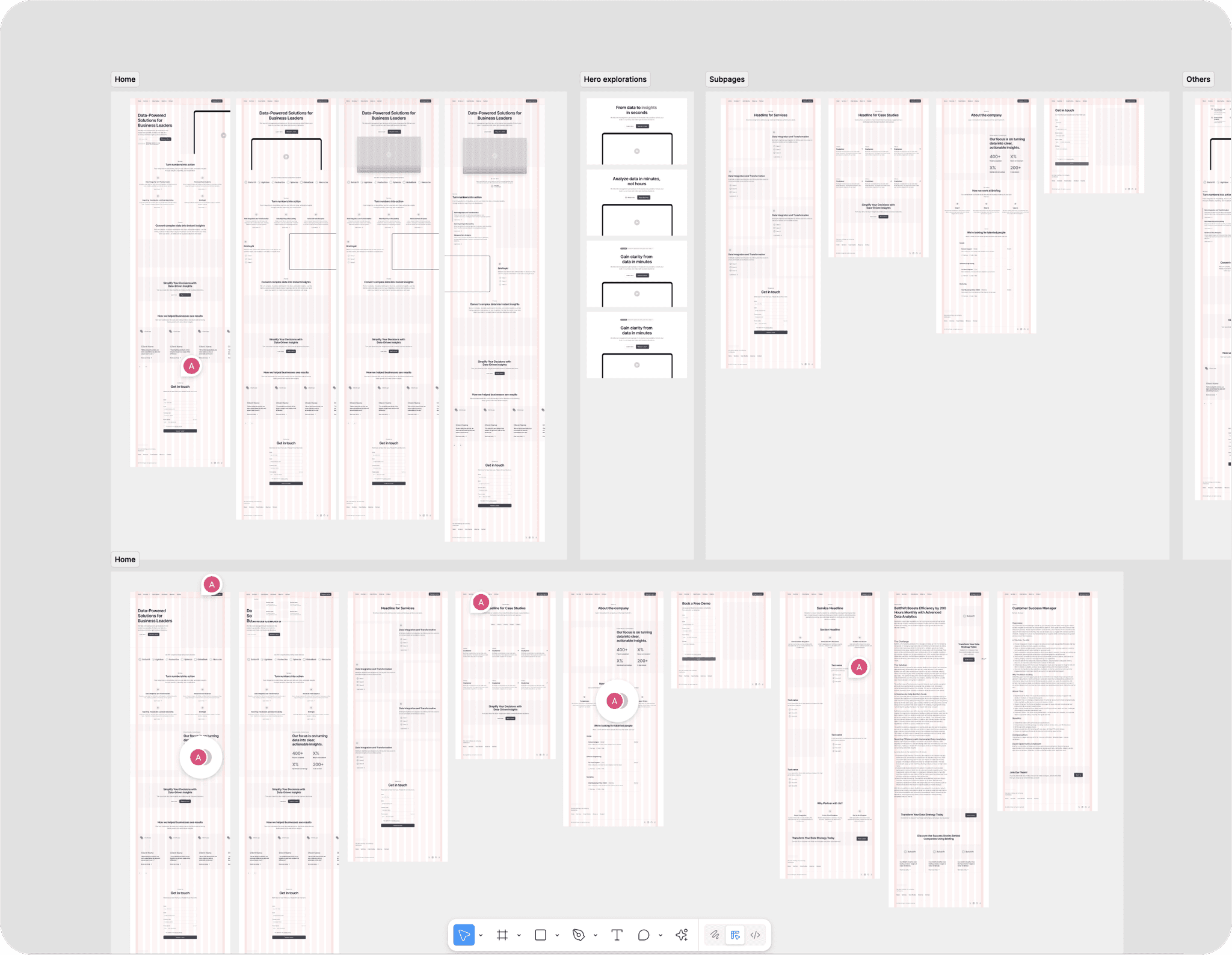 Figma wireframes showing homepage, hero, and subpage layouts.