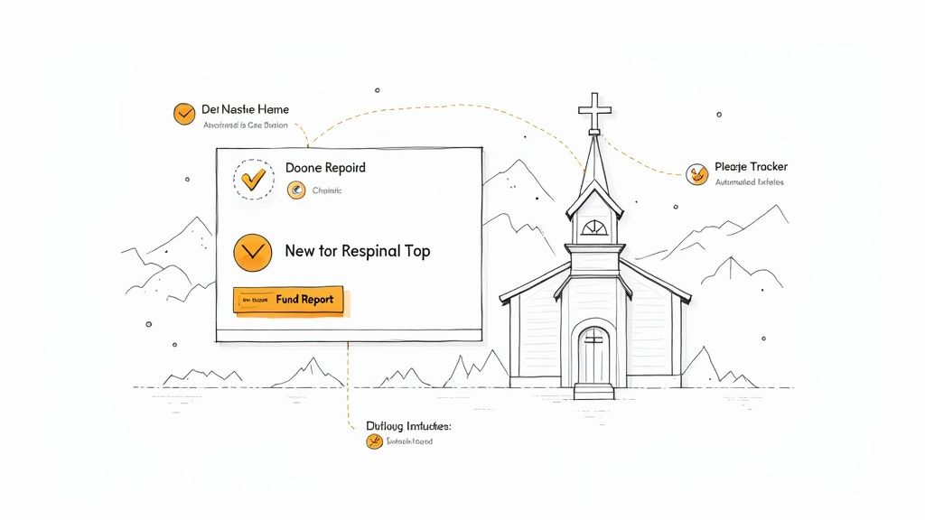 A side-by-side comparison of a business-focused laptop screen and a church-focused tablet screen showing financial data
