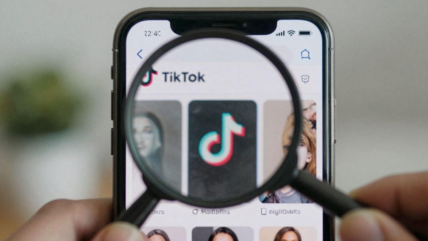 Smartphone showing TikTok political ad with magnifying glass.