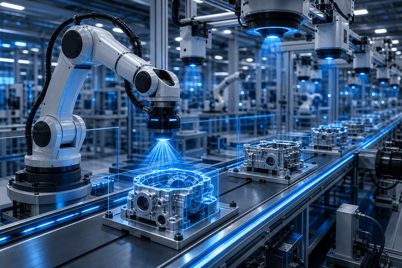 A futuristic factory assembly line with a robotic arm equipped with computer vision sensors inspecting mechanical parts on a conveyor belt. Overhead cameras and sensor arrays monitor the production line. The scene features a clean, modern industrial environment with blue and white lighting, precise robotic movements, and glowing sensor overlays highlighting components being analyzed. No text, labels, or UI elements.