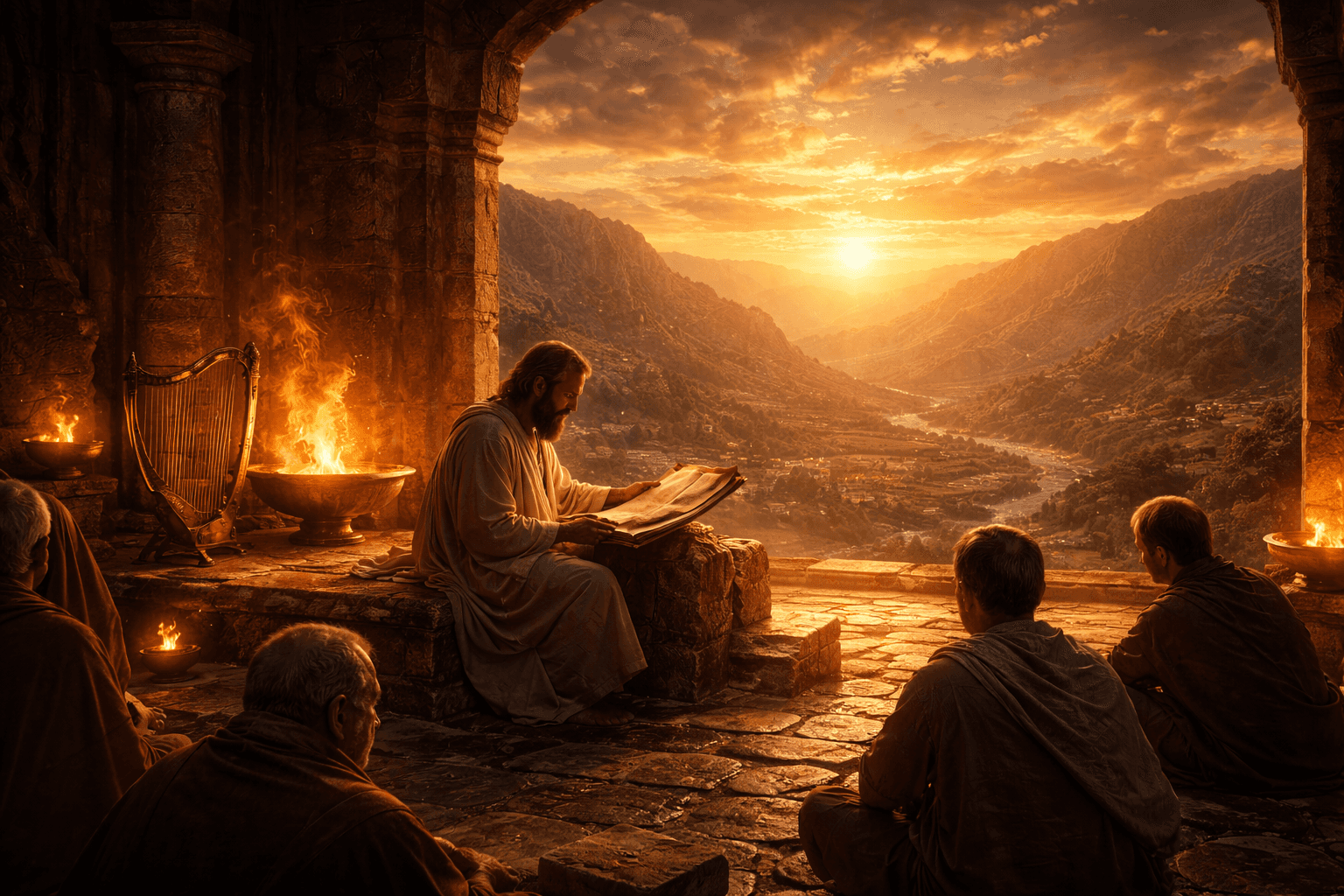 Ancient temple scene at sunset with a man reading scripture, representing the mysterious meaning of Selah in Psalms