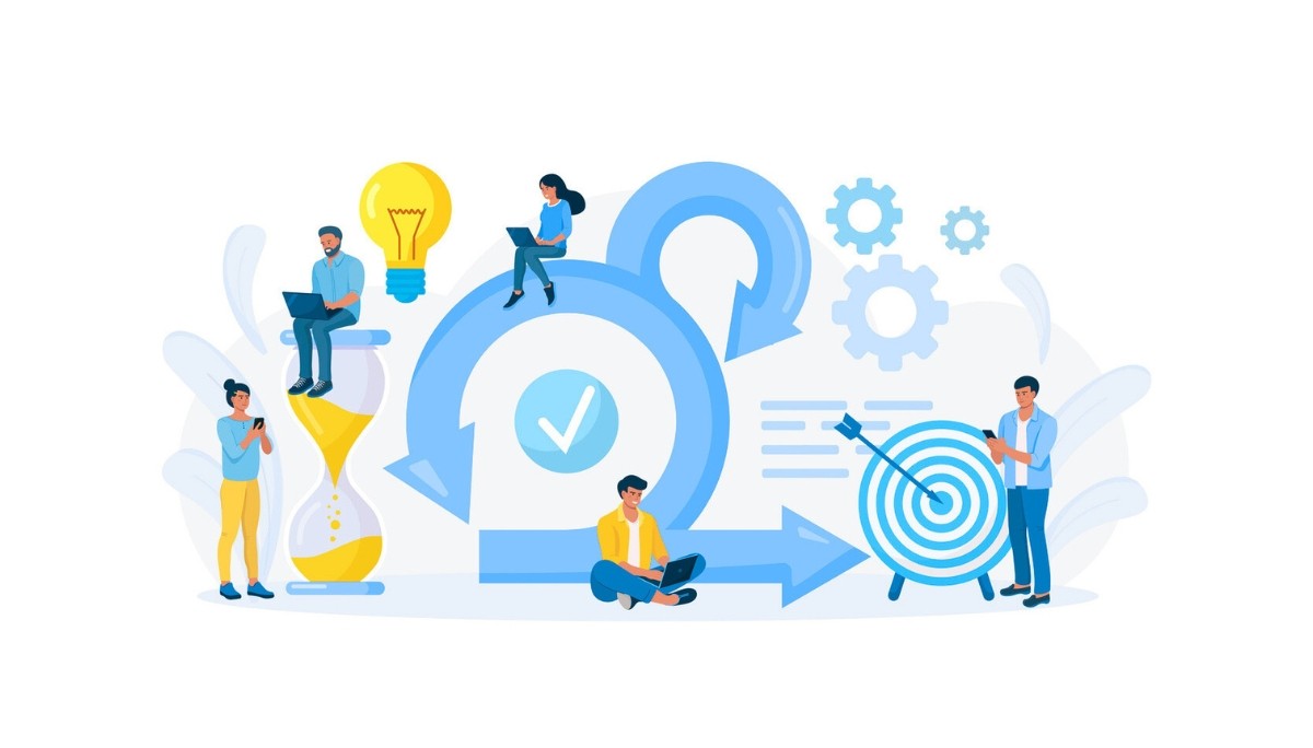 Illustration of people working around symbols for time, goals, and productivity, representing how adaptive software development enables efficient workflows, faster iteration, and better outcomes compared to traditional methods.