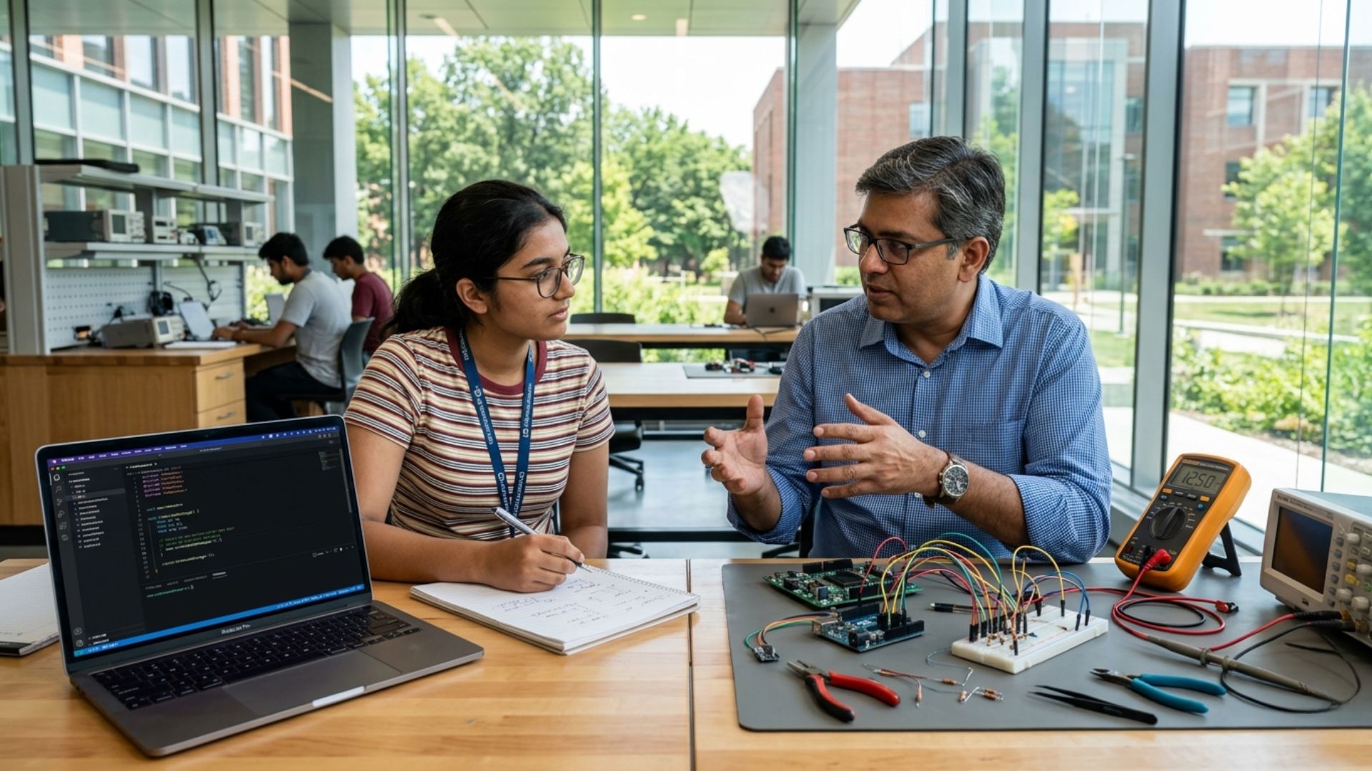 Student discussing coding and electronics concepts with a mentor while comparing cs vs electrical engineering