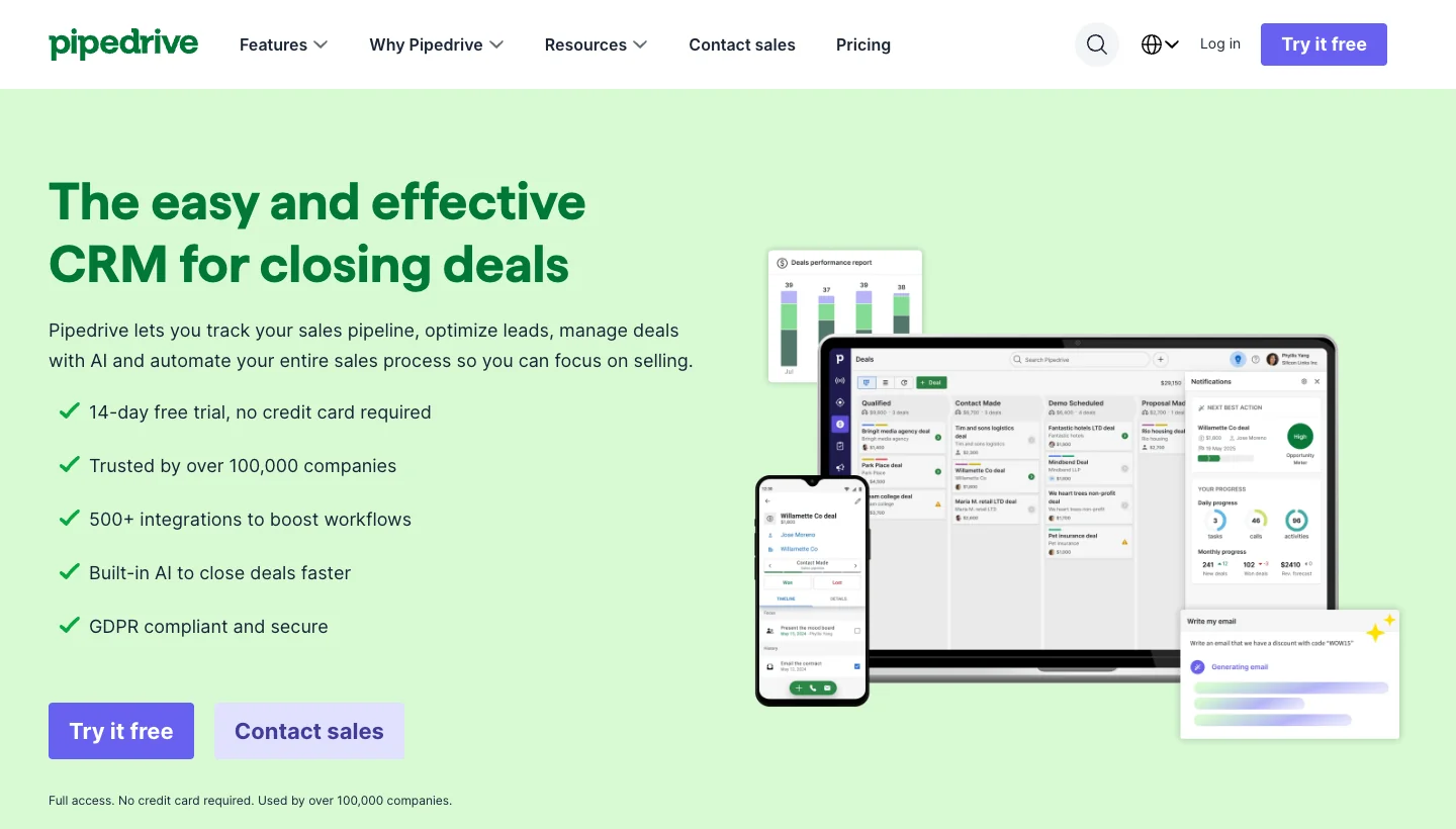 Pipedrive homepage: easy-to-use sales CRM and pipeline management tool