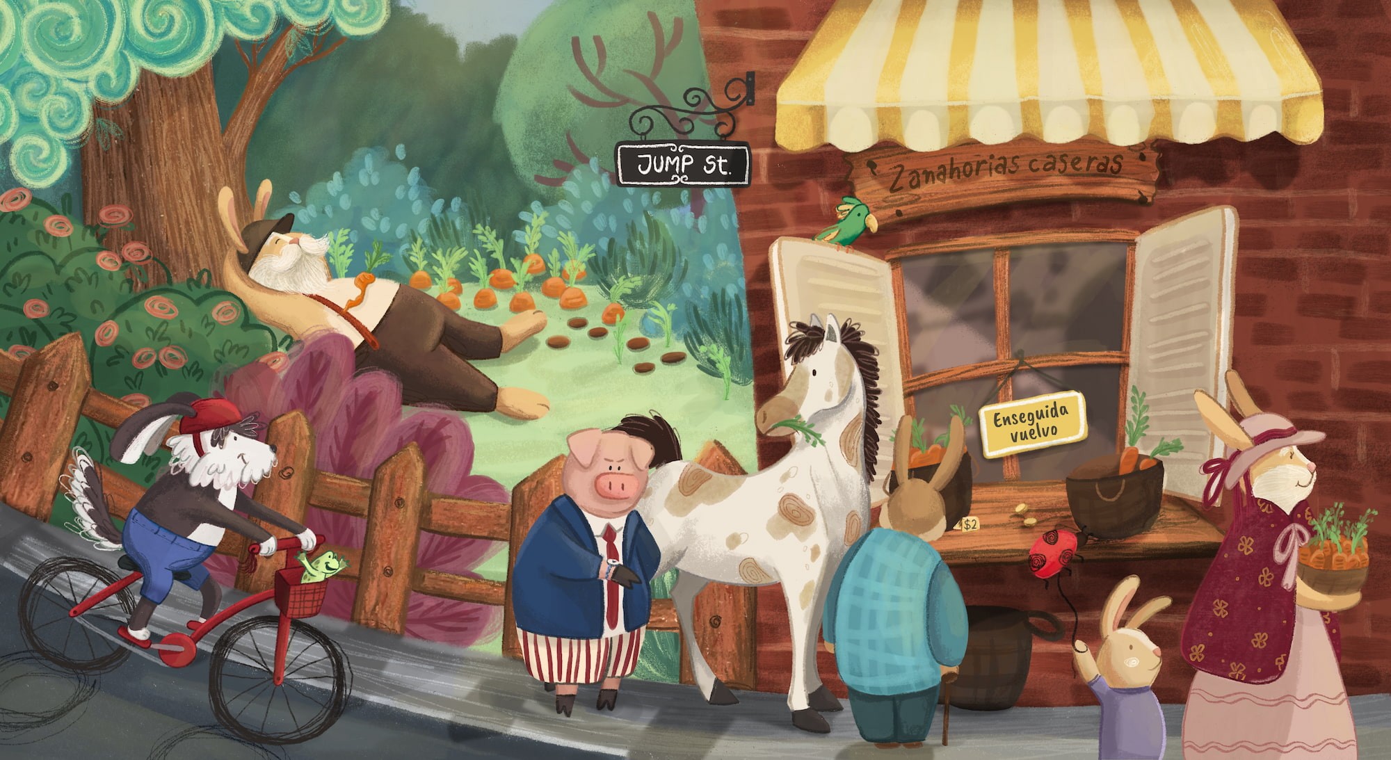 The rabbit’s house turned into a small carrot stand, with neighbors lining up to buy while the rabbit eats in the garden.