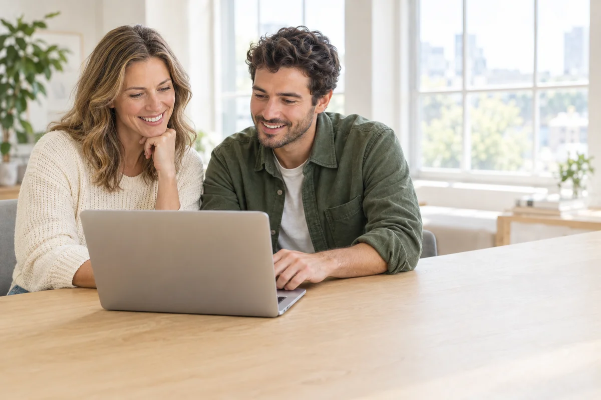Illustrative Szene: zwei Mitarbeitende finden gemeinsam Informationen am Laptop