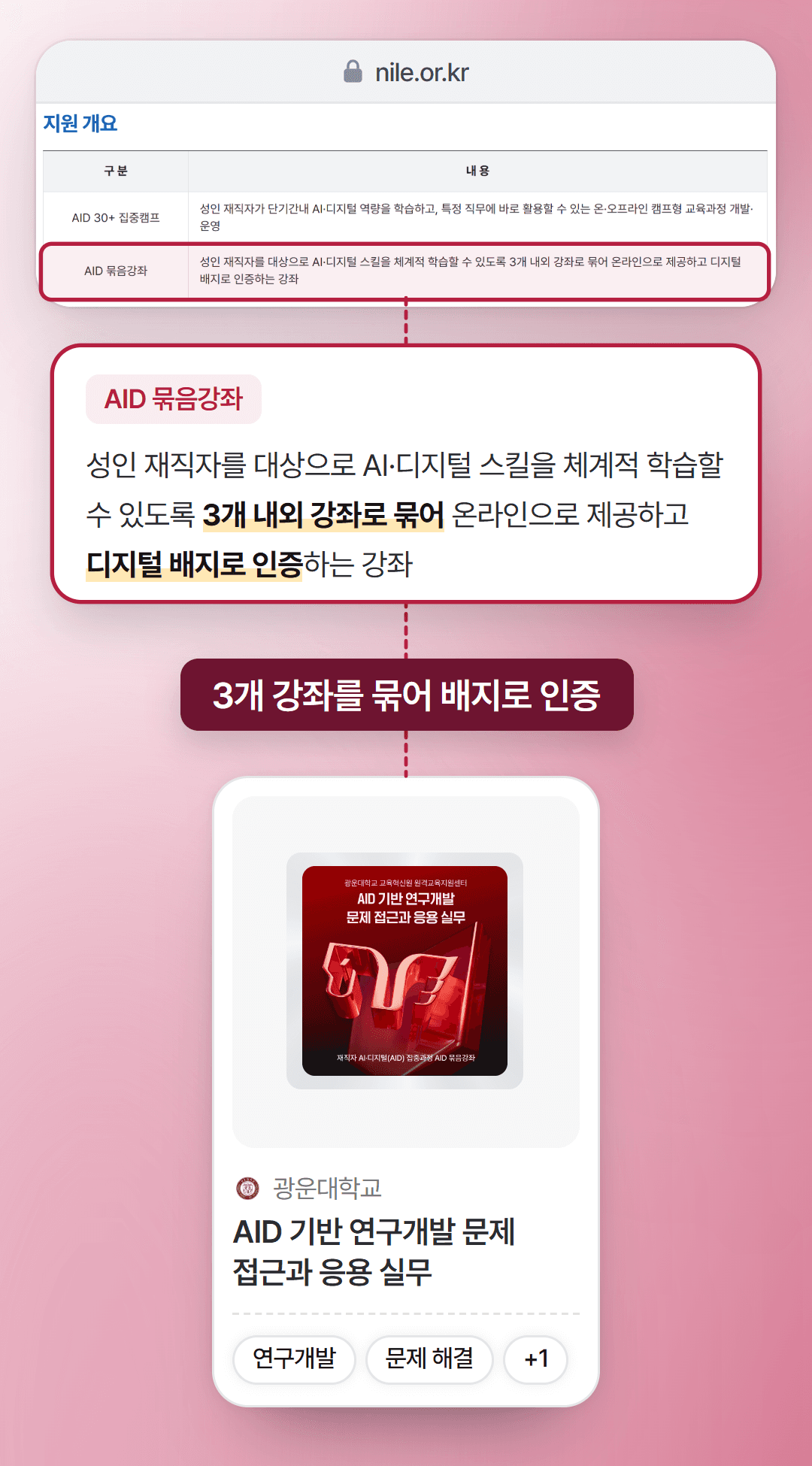 국가평생교육진흥원 재직자 AI·디지털(AID) 집중과정 지원 개요 표: AID 묶음강좌는 3개 내외 강좌를 묶어 디지털 배지로 인증