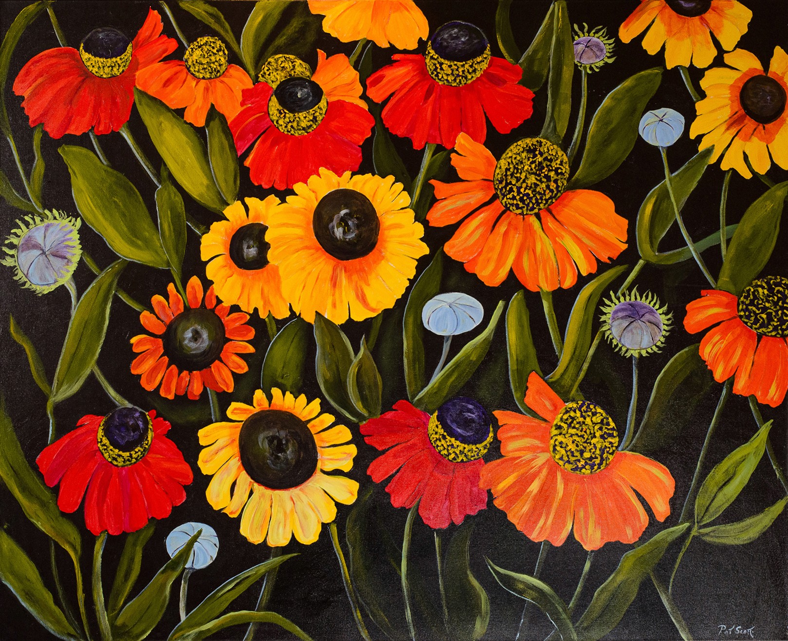 Flowers, freshly bloomed, fill the canvas with hues of red, orange and yellow. The flower buds take on hues of blue and purple.