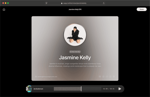 Jasmine Kelly’s artist profile example on eapy Slide with portrait, location, and music links.