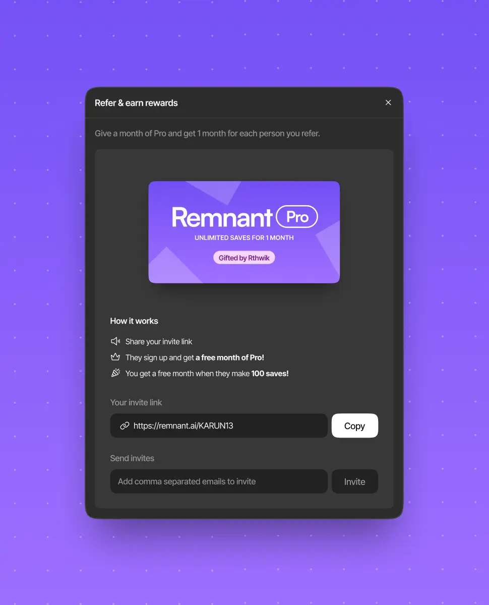 Mimmir referral dialog offering a free month of Pro for shared invites.