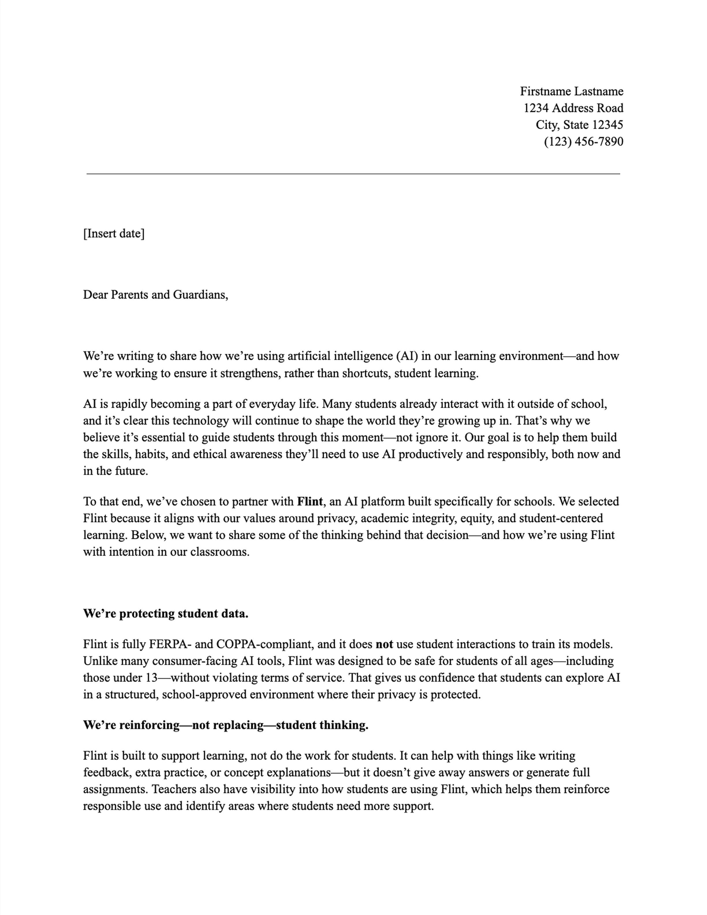 Image of Flint letter template for schools using Flint as thier AI platform for parent ai communication