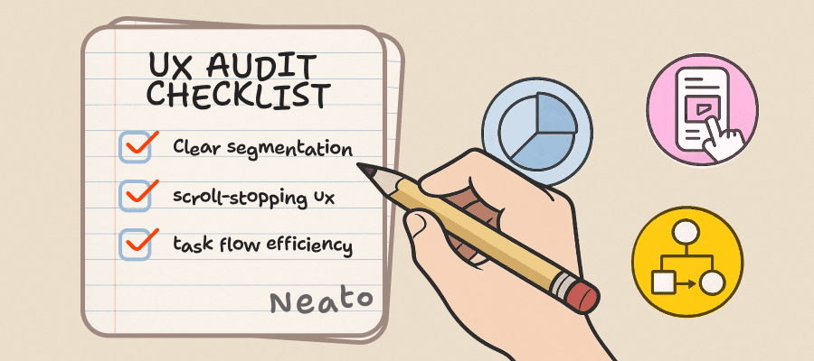 UX audit checklist illustration showing clear segmentation, scroll-stopping UX, and efficient task flow.