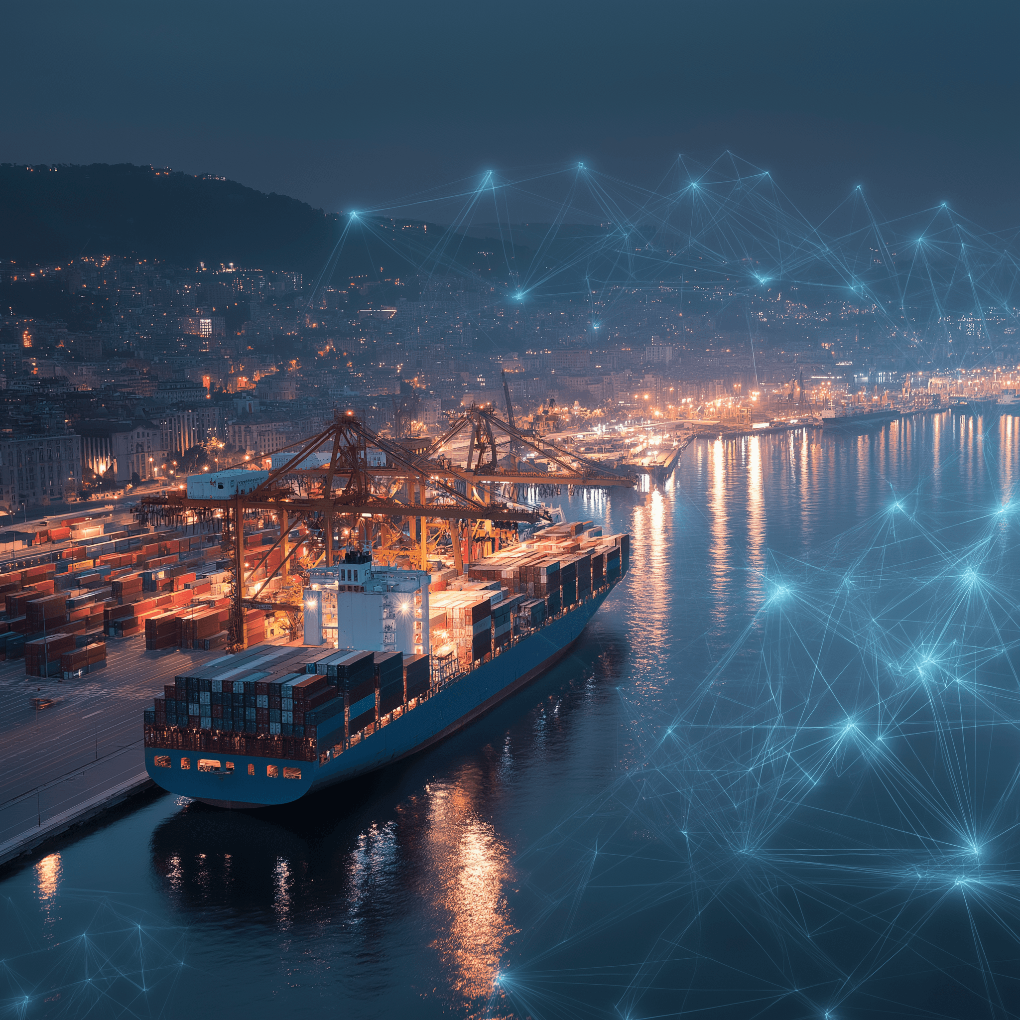 A digital network overlaying a busy cargo port at night, featuring a large container ship, glowing cranes, and a hillside city background.