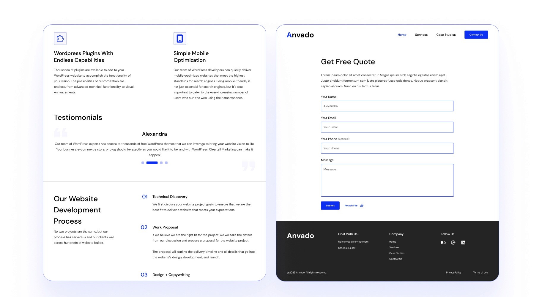 A webpage from Anvado showcasing WordPress plugin capabilities, mobile optimization services, customer testimonials, and the company’s website development process. The page also features a 'Get Free Quote' form on the right, with fields for name, email, phone, and message, alongside a footer with company contact information and social media links.