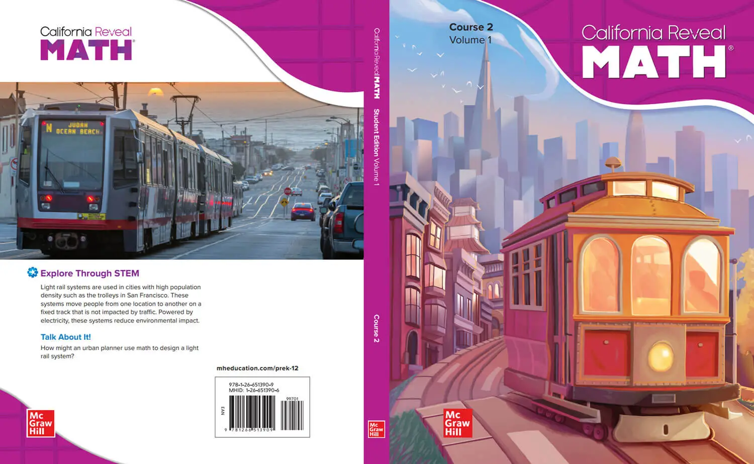 California Reveal Math textbook cover featuring a vibrant San Francisco cable car against a city skyline.