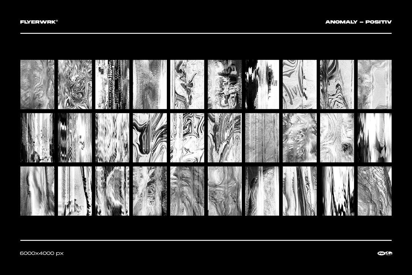 Grid display of thirty two anomaly digital glitch textures in high resolution positive white versions