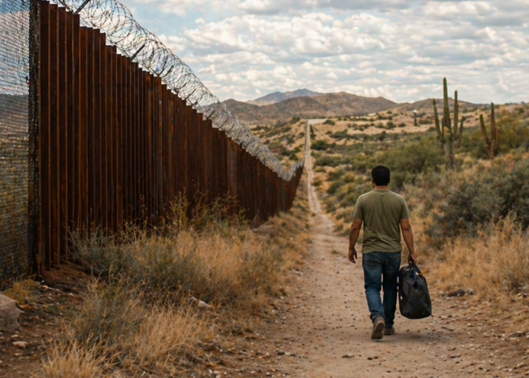 Persona caminando cerca de la frontera representando víctimas de coyotes y tráfico humano que pueden ser elegibles para protección bajo Visa T