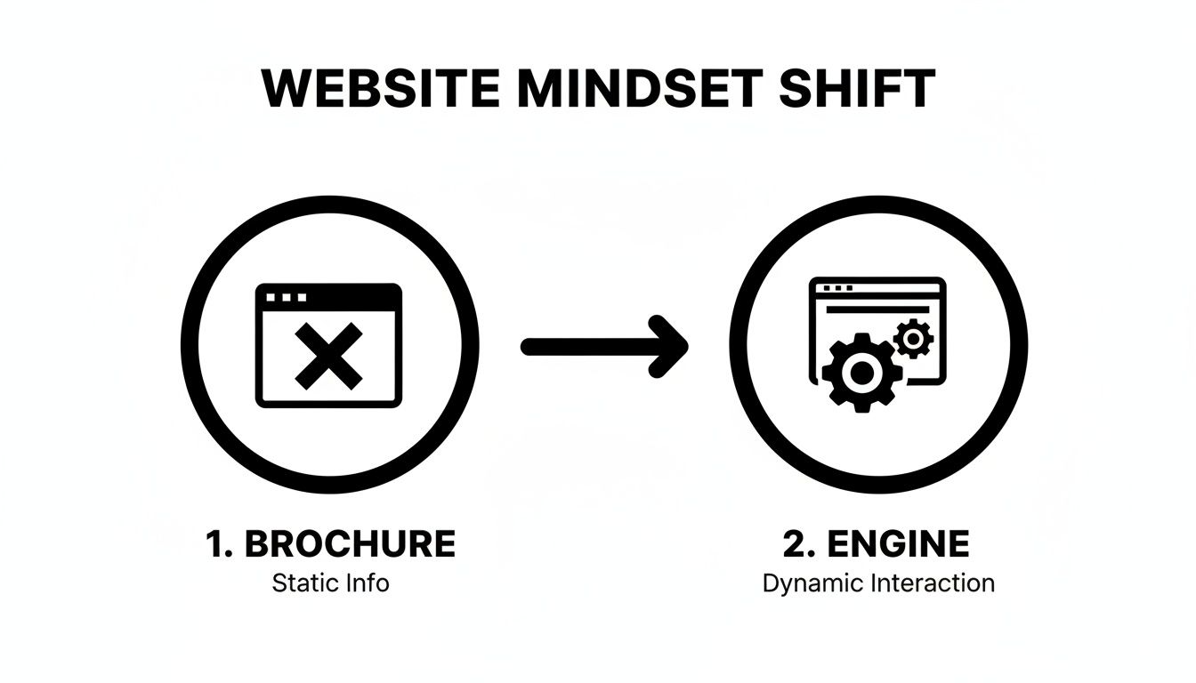 A diagram illustrating the mindset shift for websites from static brochure information to dynamic interactive engines.