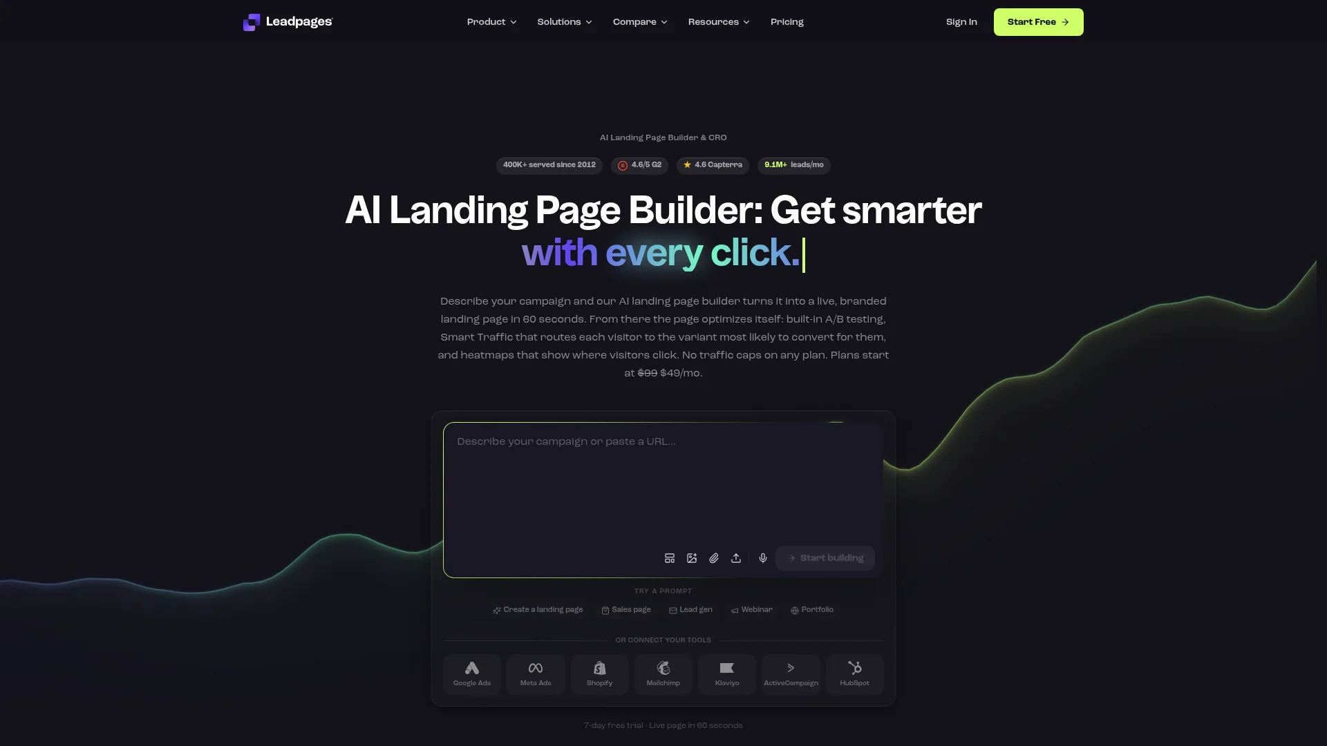 Leadpages AI landing page builder homepage