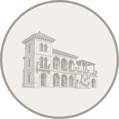 Engraved illustration of an Italian villa with a tower