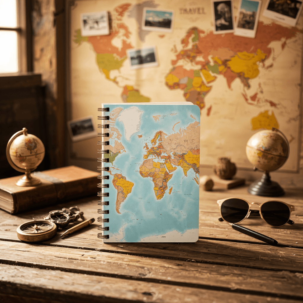 product photography of a travel-themed notebook with a world map design