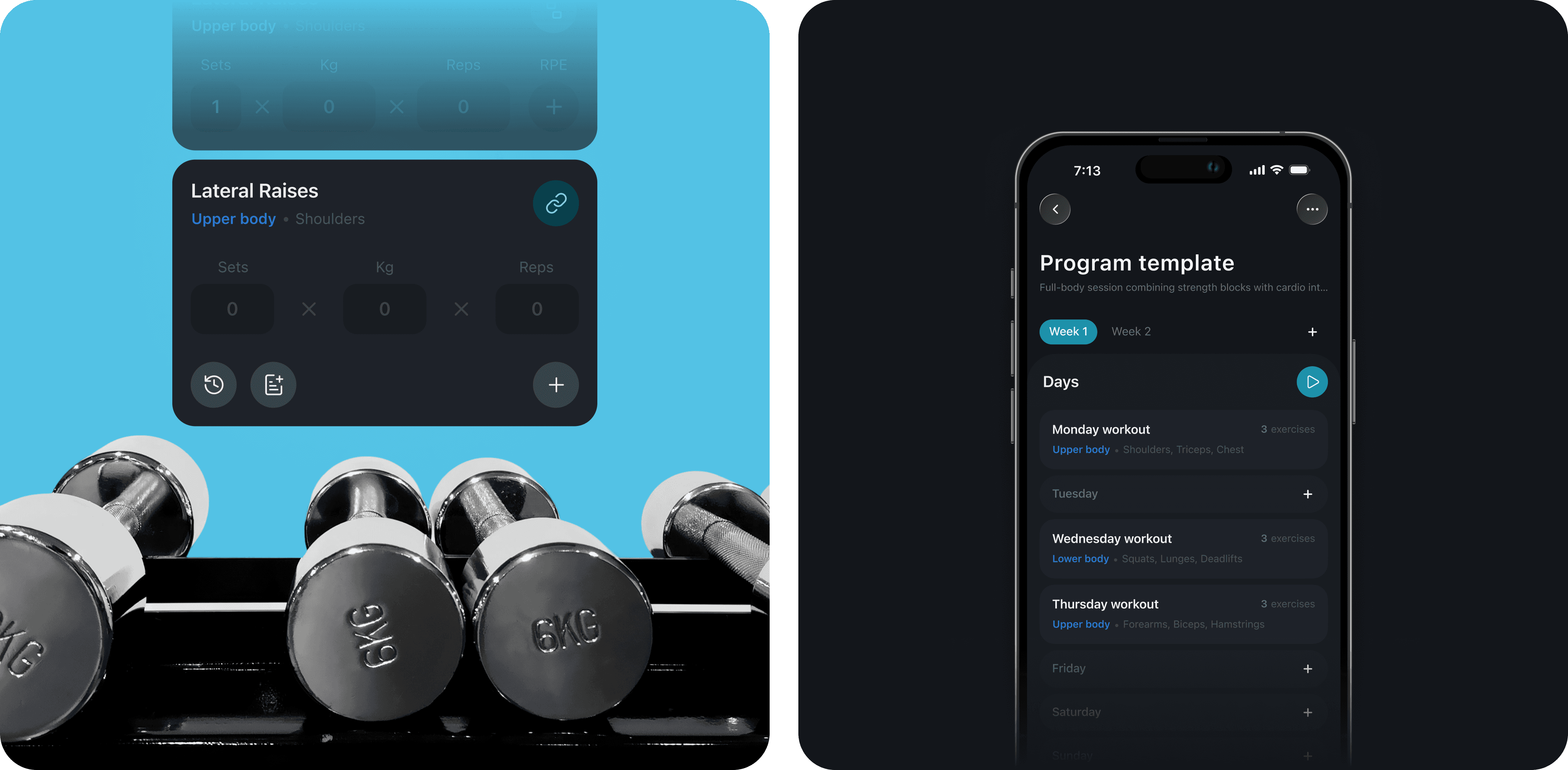 An app interface displayed on a smartphone next to a weights setup, featuring settings and options in dark mode.