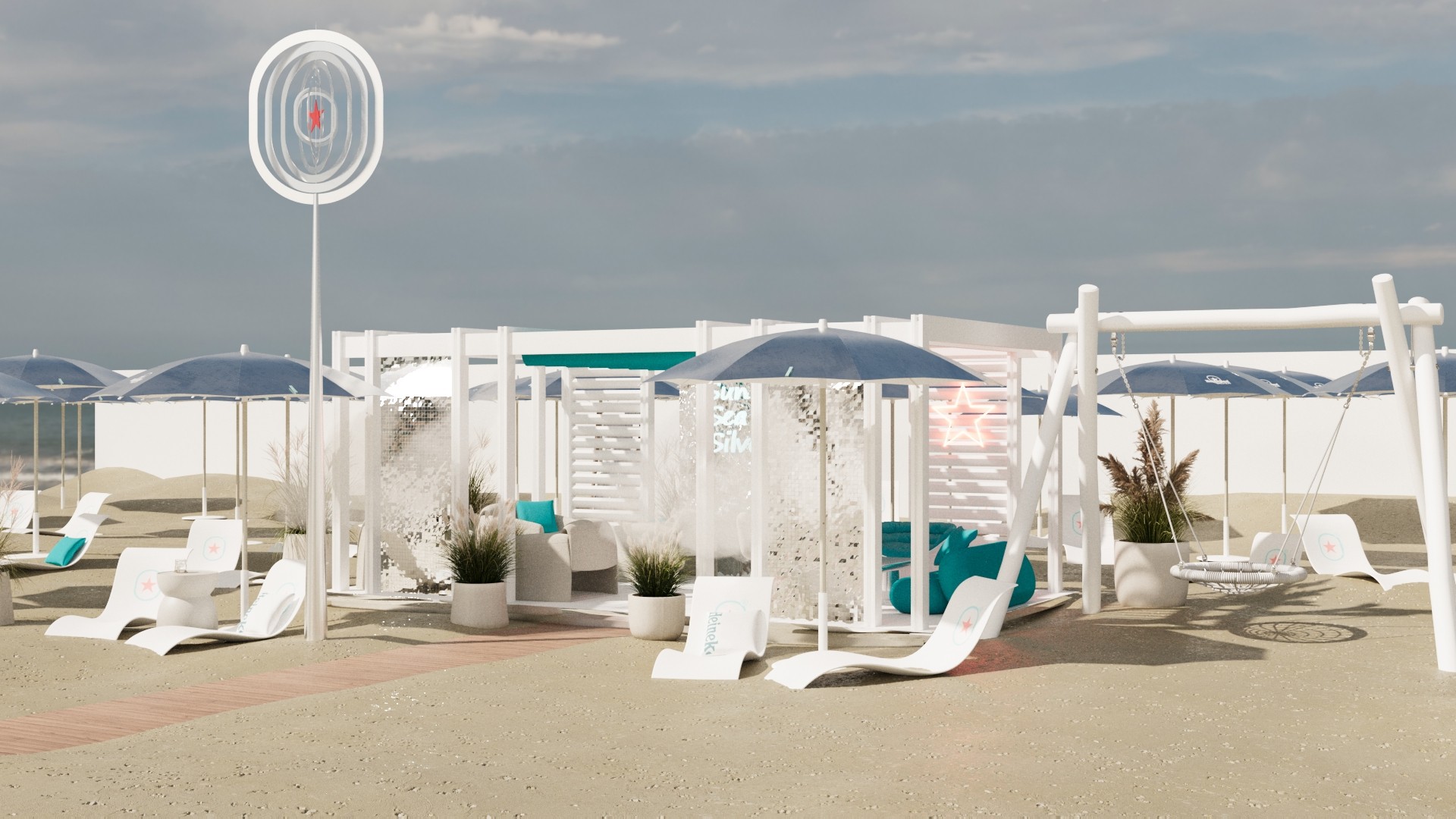 Wide-angle view of Heineken Silver beach zone featuring branded sunbeds and swing cabanas designed by our team