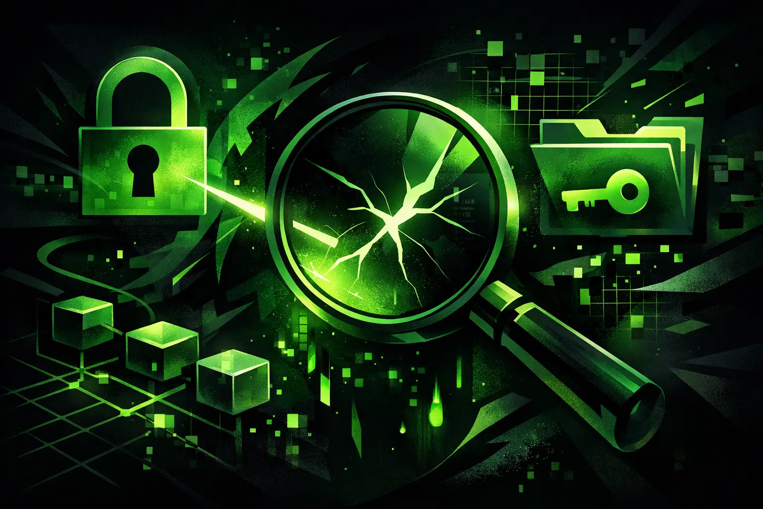 Green digital illustration of a cracked magnifying glass over a network of connected blocks, flanked by a padlock and a folder with a key, representing testing for IDOR vulnerabilities
