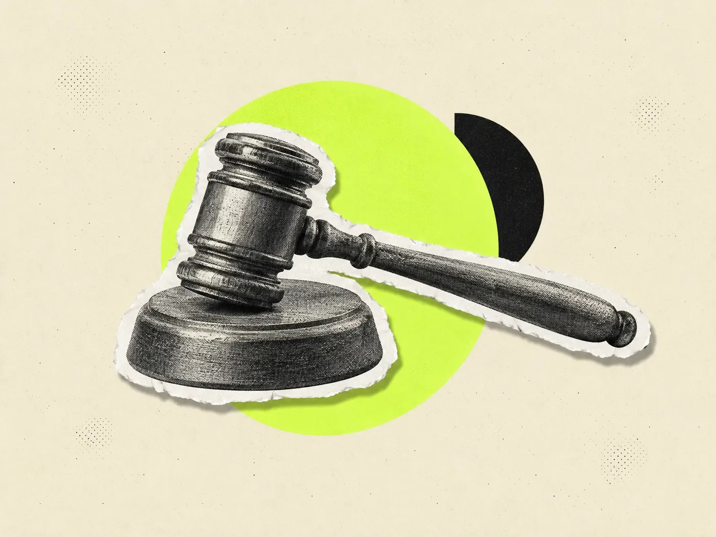 Martelo de juiz vintage sobre círculo verde, a decisão do Cade sobre agente de IA no WhatsApp