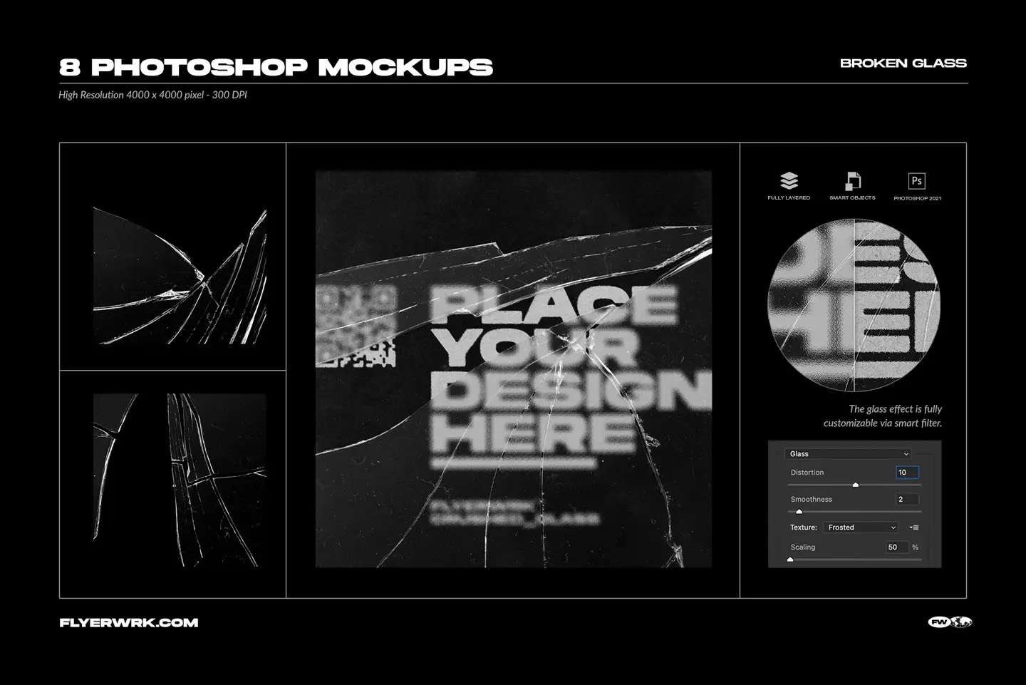 Selection of eight layered broken glass textures Photoshop mockup templates with fully customizable smart filters