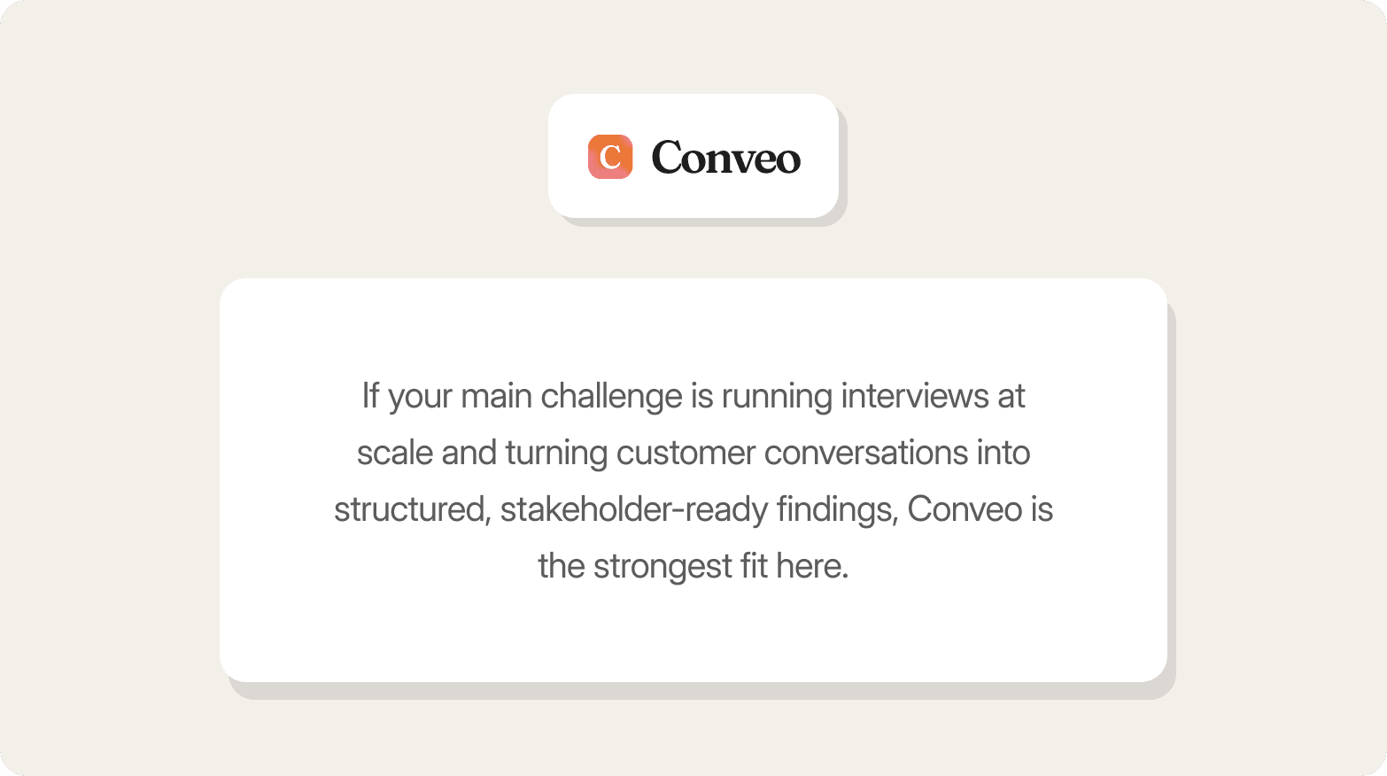 Graphic featuring the Conveo logo — an orange "C" icon — above a white card on a beige background, with the text: "If your main challenge is running interviews at scale and turning customer conversations into structured, stakeholder-ready findings, Conveo is the strongest fit here."