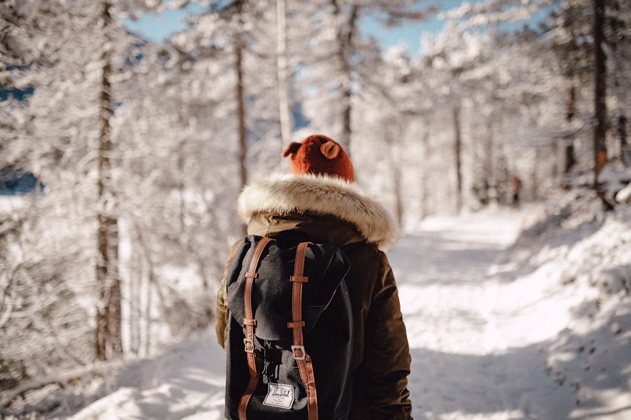 A person in a winter coat and furry hat walking along a snow-covered path through a forest of frosted trees.