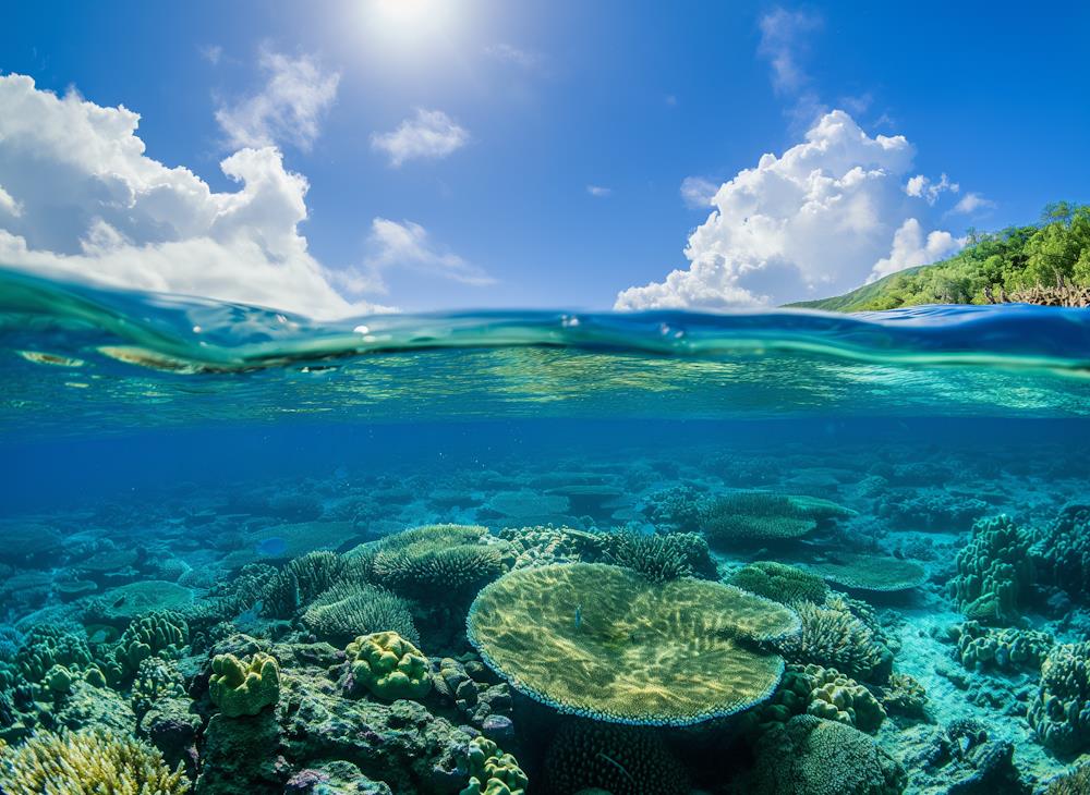 Underwater view of a vibrant coral reef with various corals under a clear blue sky. Sunlight filters through the water, creating a serene atmosphere.