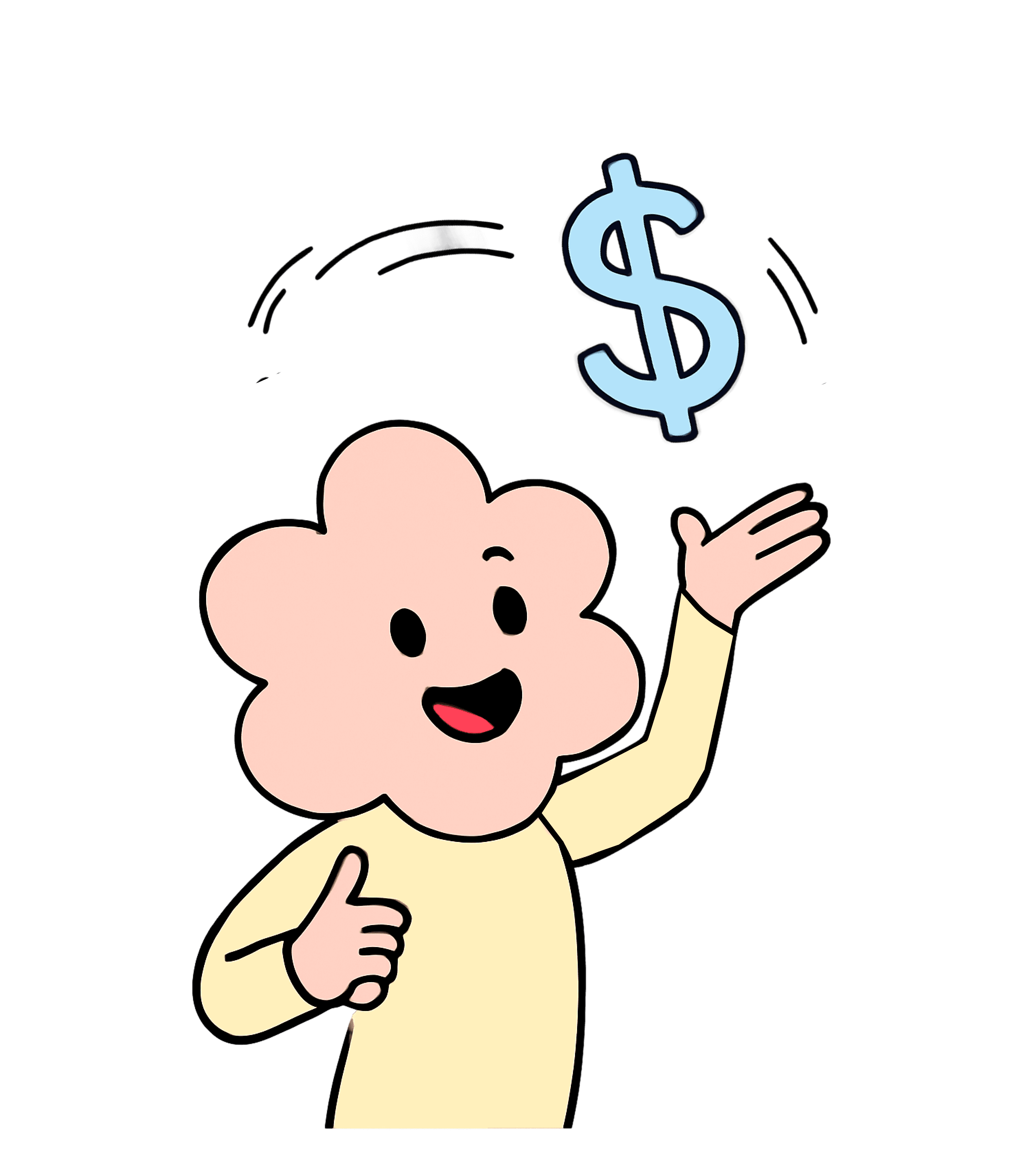 Flowerhead, the Flowgenix mascot, smiling and gesturing toward a dollar sign floating above.