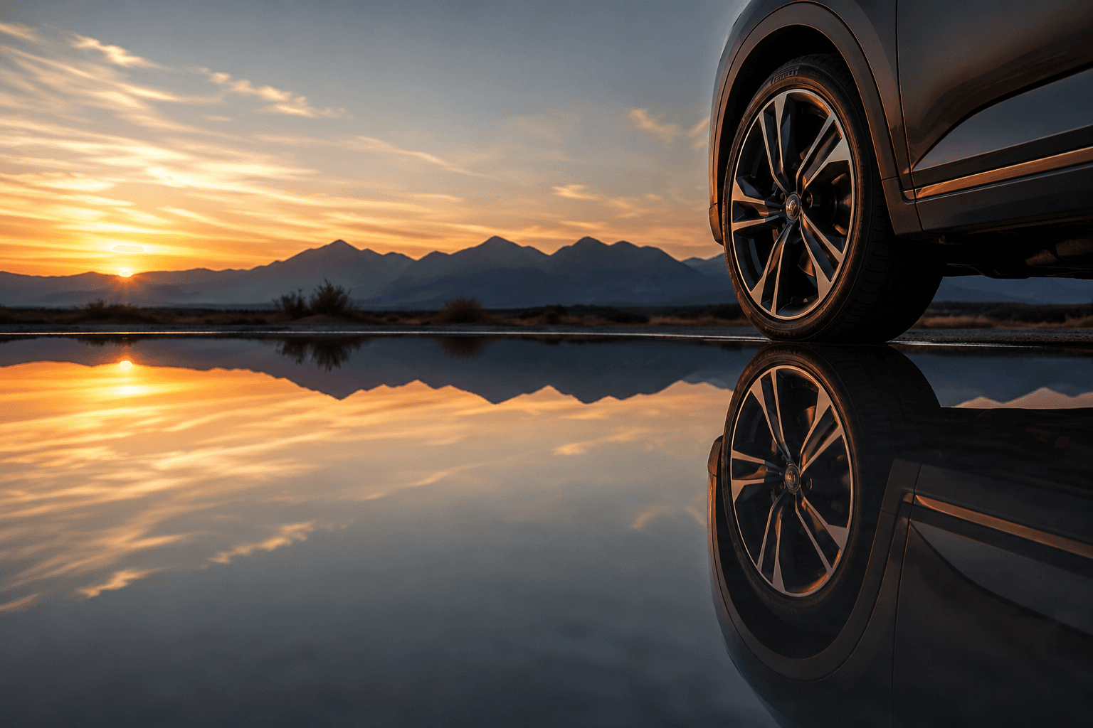 Vehicles by water during sunset logistics operations