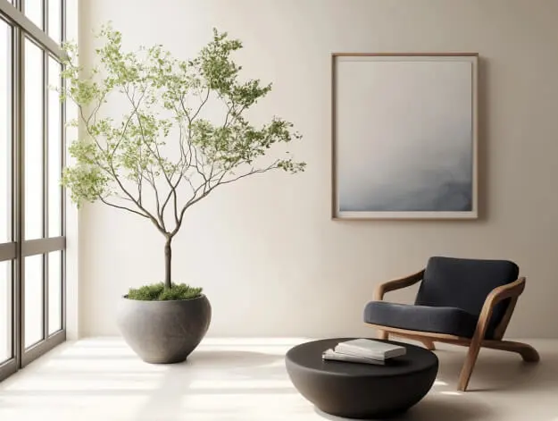 Modern minimalist living room with a stylish armchair, round coffee table, and large potted plant near a window