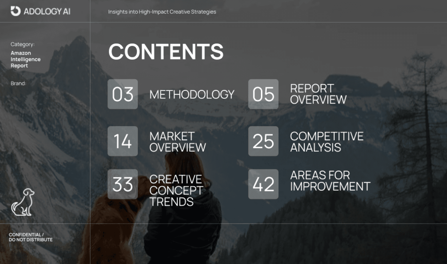Creative Intelligence report contents page showing methodology, competitive analysis, and trend insights
