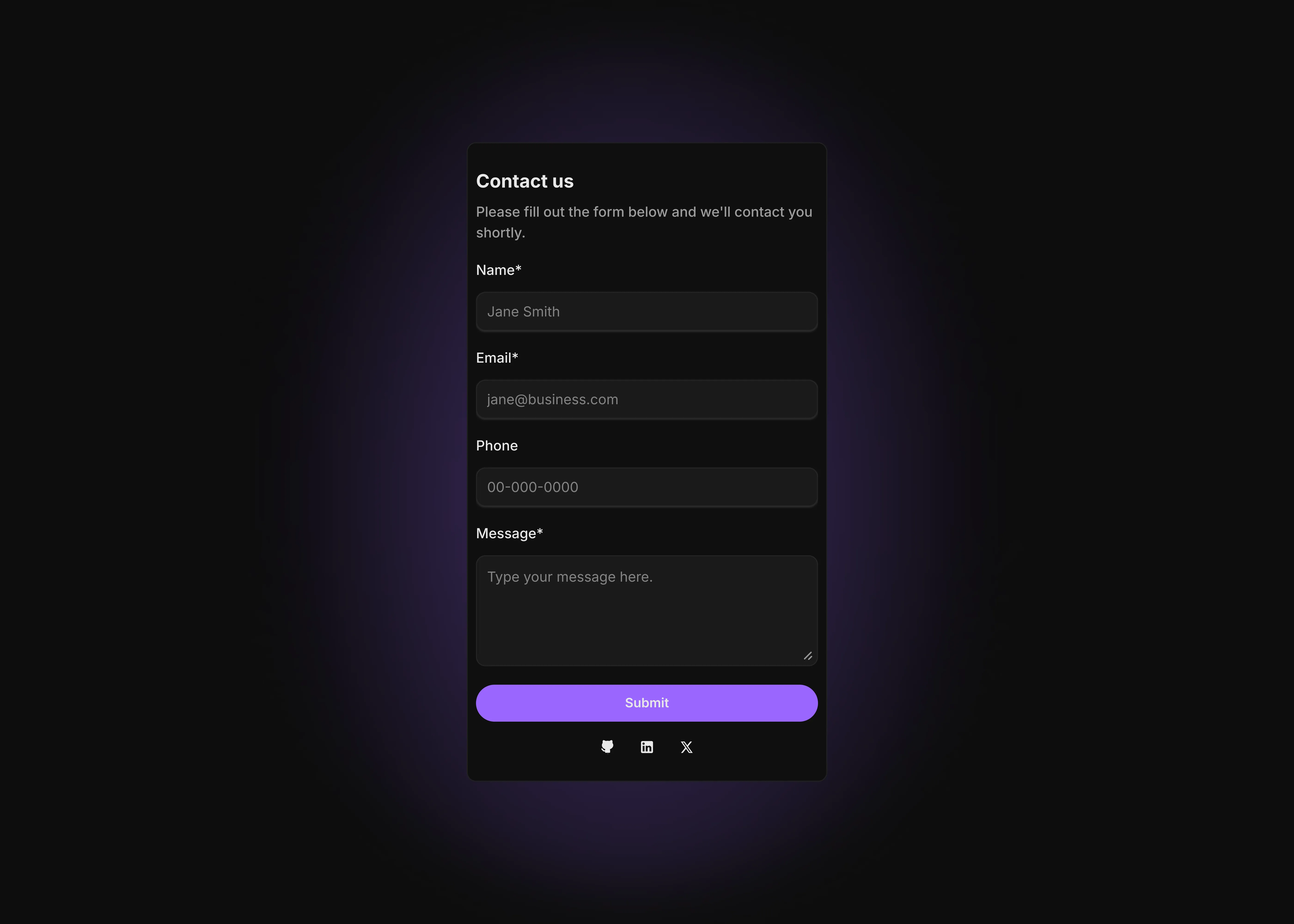 Dark themed 2 colum grid type contact us page section for mobile screens