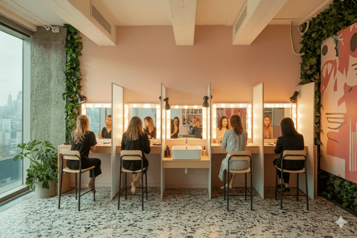 a hair salon with chairs and mirrors
