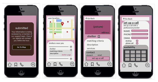 Four wireframes depicting potential interfaces for available shelters in a users area as well as interfaces for scheduling a meeting.