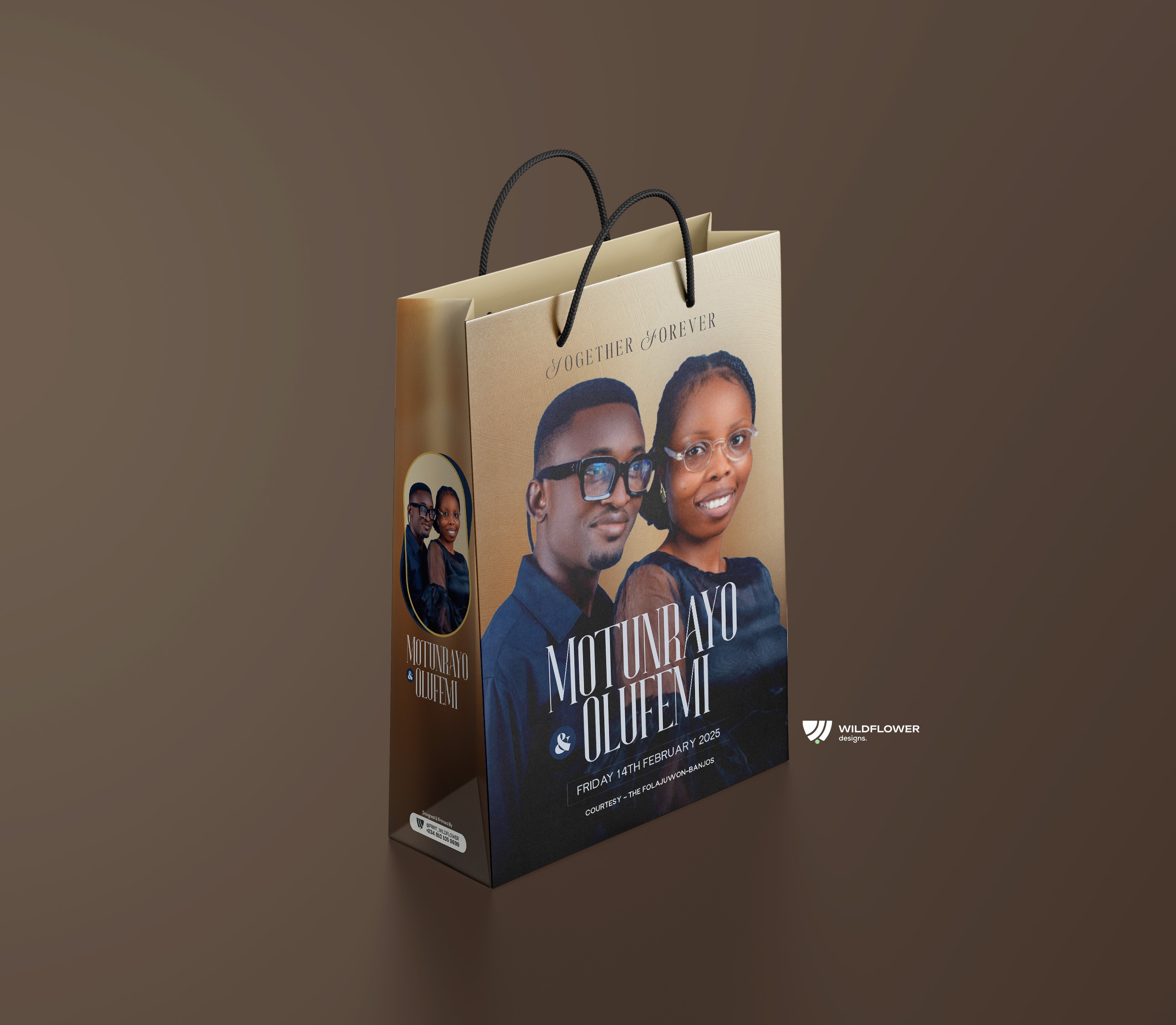 Designed carrier bag design for a couple's wedding featuring their image, name and cohesive visual elements