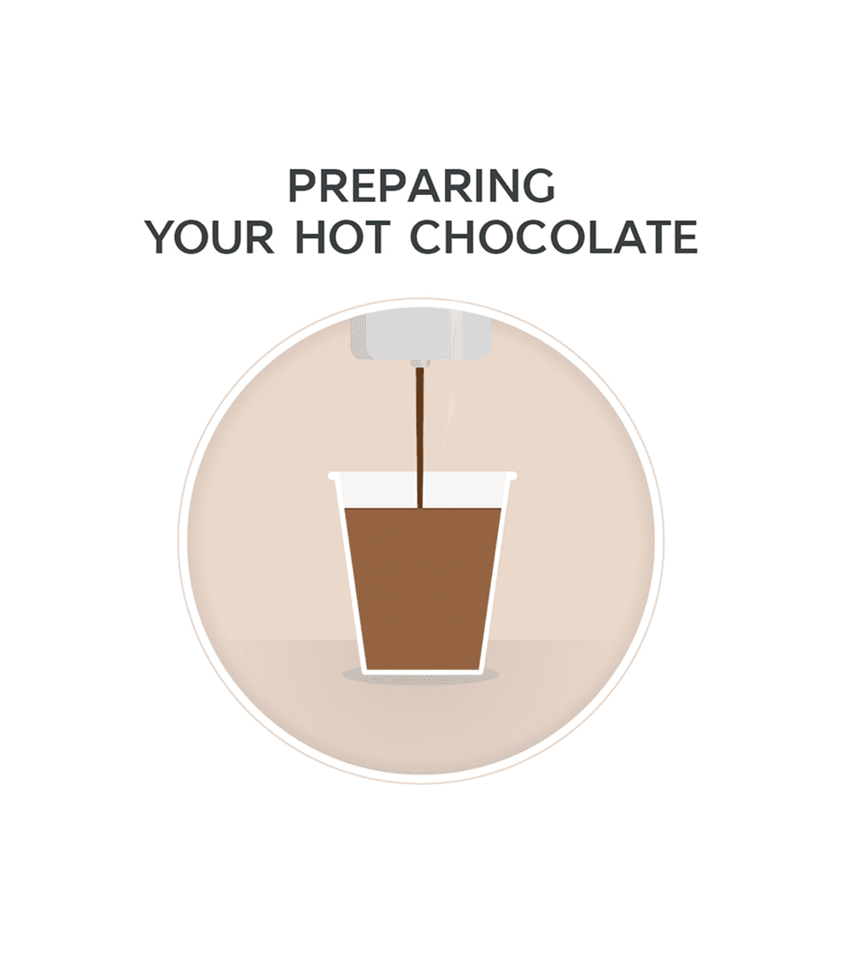 A clean, illustrated UI screen showing the progress of a hot chocolate order on the M&S machine. The graphic shows the drink being prepared inside a takeaway cup, providing clear visual feedback to the user and enhancing the product experience.