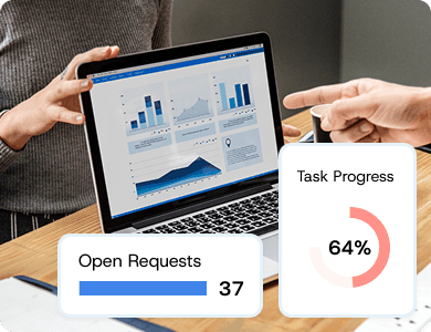 Person analysing a financial dashboard on a laptop with metrics for open requests and task progress, showing real-time budget tracking.