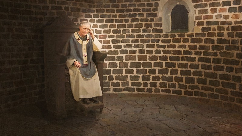 Sacred artwork by Faith and Verse. © Faith and Verse, 2026. All rights reserved. Archbishop Rabanus Maurus seated on his cathedra in the apse of a Carolingian chapel, resting in silence after governance.