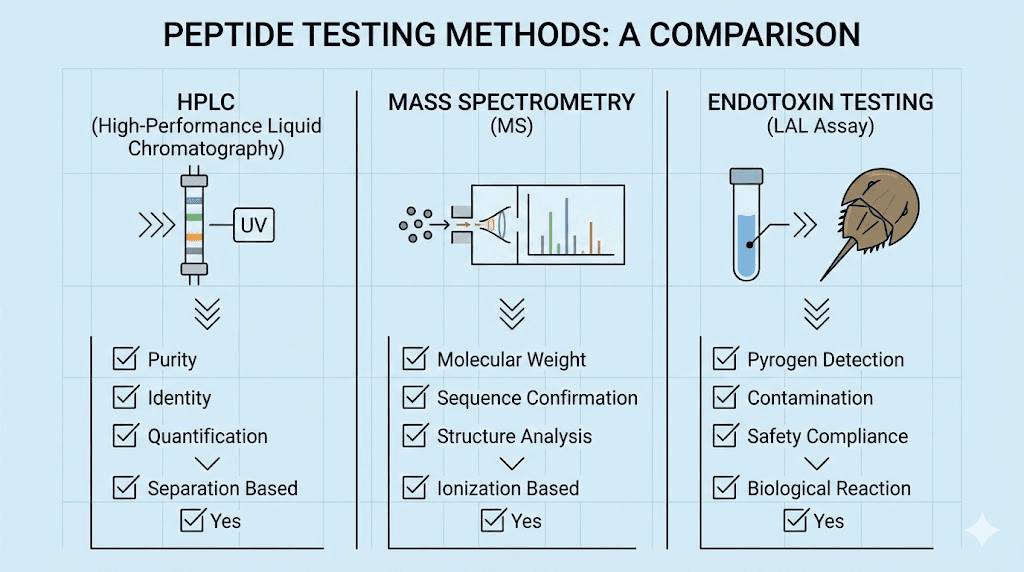Comparison of peptide testing methods including HPLC and mass spectrometry