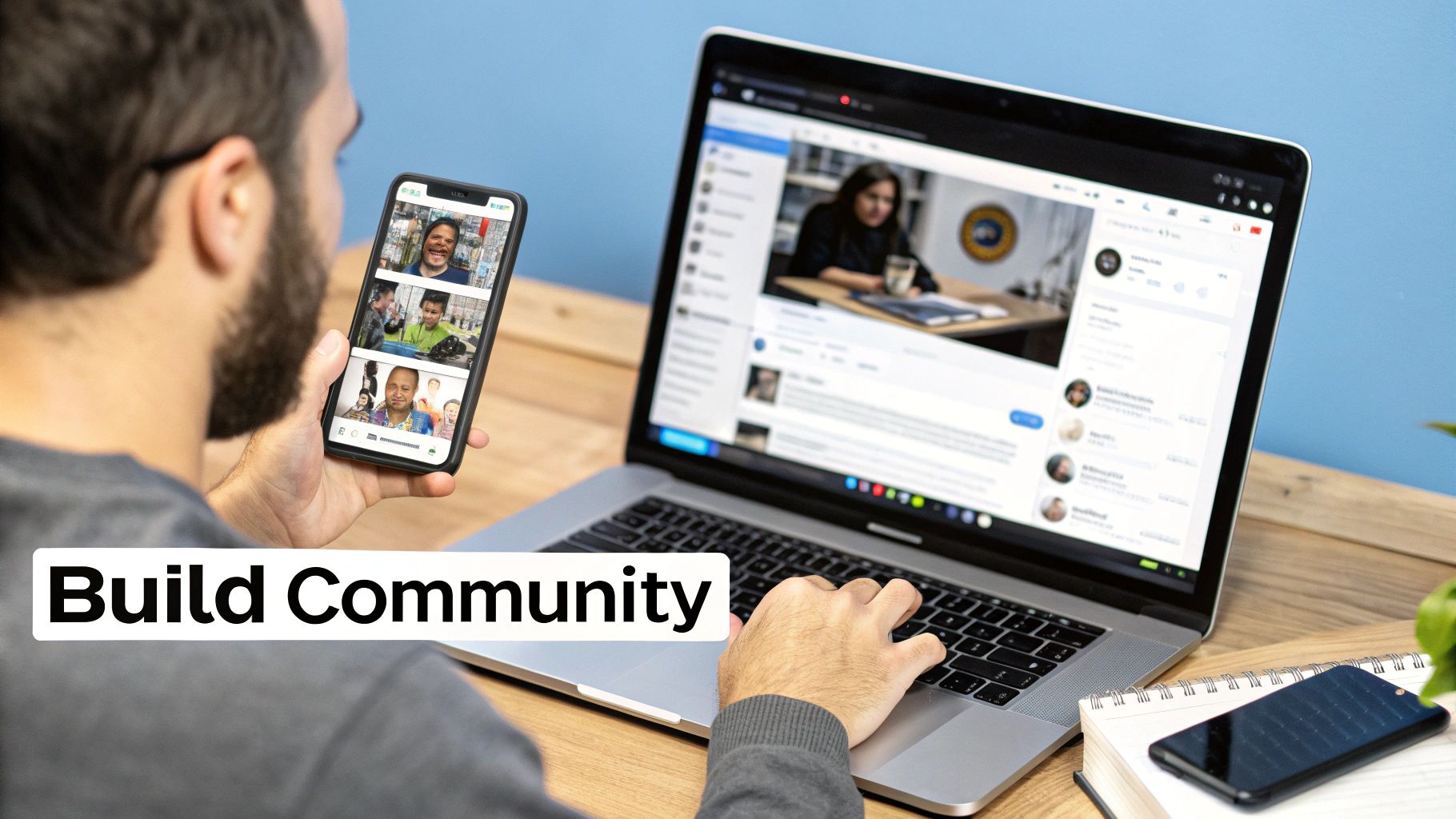A man uses a smartphone showing video calls and a laptop displaying social media, building community.