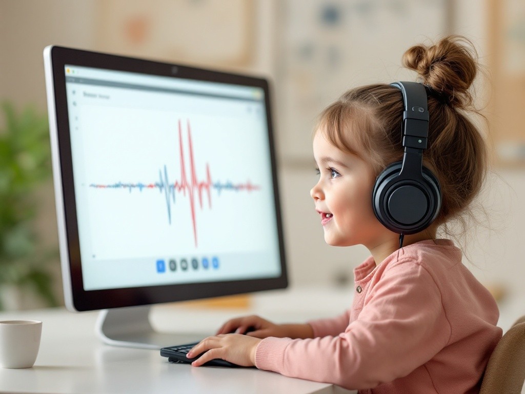 A toddler girl wearing headphones is sitting in front of a computer.