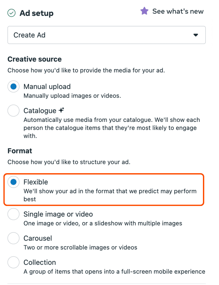 Meta ads setup using the flexible format